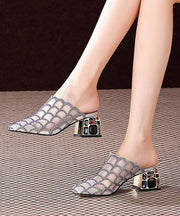 Fine Splicing Chunky Slide Sandals Silver Tulle Zircon Pointed Toe