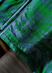 Fine Tea Green Stand Collar Patchwork Jacquard Silk Tops Summer