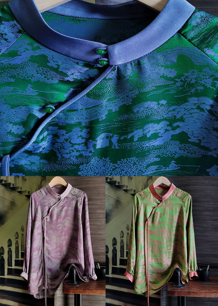 Fine Tea Green Stand Collar Patchwork Jacquard Silk Tops Summer