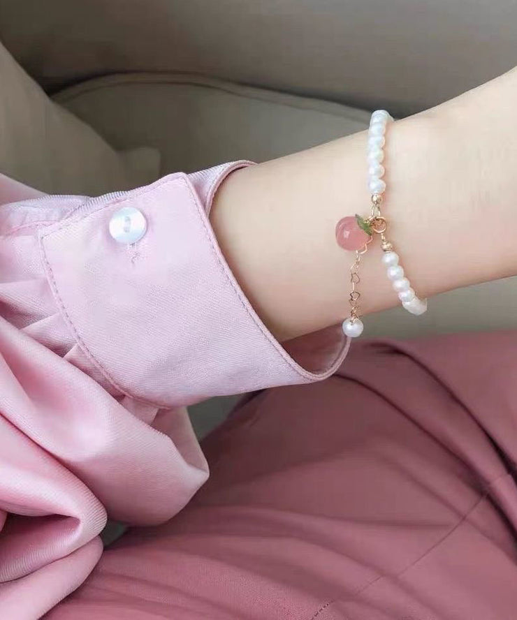 Fine White Alloy Honey Peach Pearl Charm Bracelet