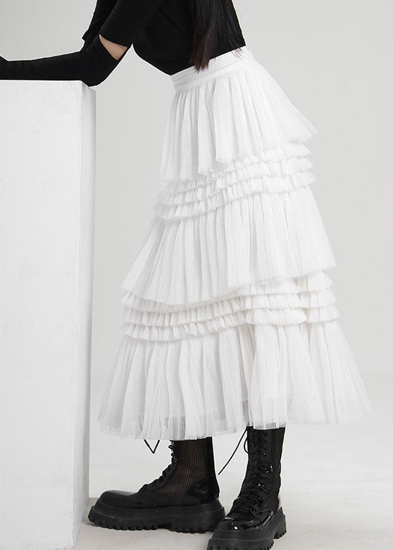 Fine White Asymmetrical wrinkled Tulle Skirts Spring