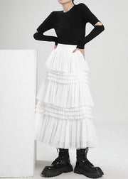 Fine White Asymmetrical wrinkled Tulle Skirts Spring