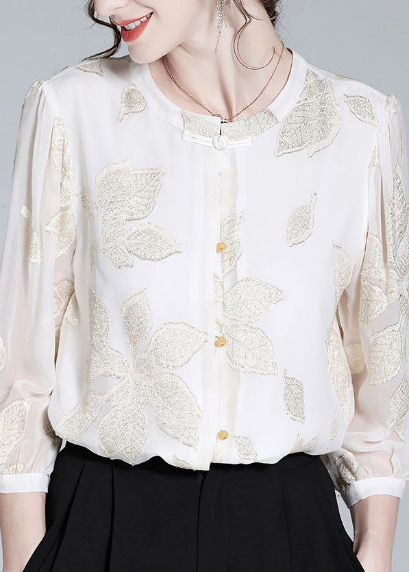 Fine White O-Neck Embroidered Print Button Silk Top Spring