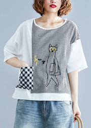 Fine White O Neck Plaid Patchwork Cartoon Embroidered Cotton Tops Short Sleeve
