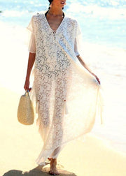 Fine White Patchwork Chiffon kimono Robe Lace Dress - SooLinen