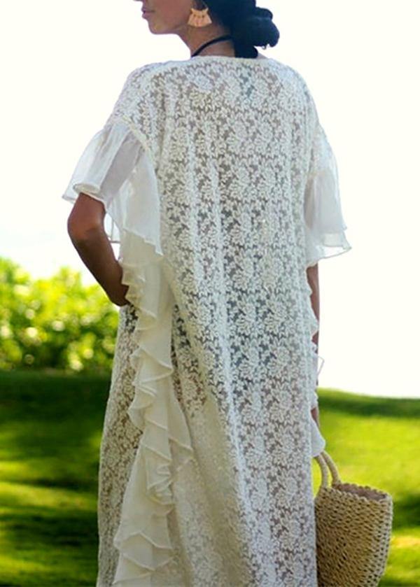 Fine White Patchwork Chiffon kimono Robe Lace Dress - SooLinen