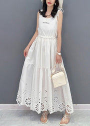Fine White Patchwork Drawstring Maxi Slip Dresses Sleeveless