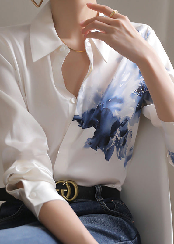 Fine White Peter Pan Collar Print Button Silk Shirt Long sleeve