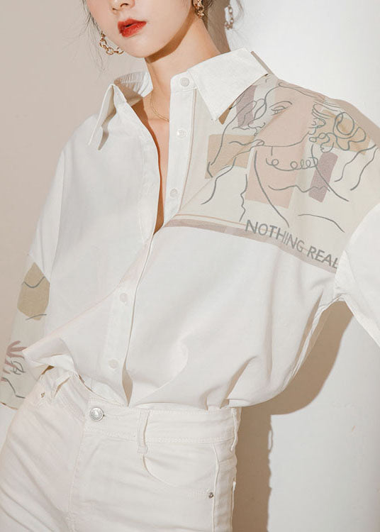 Fine White Peter Pan Collar Print Patchwork Cotton Shirt Spring