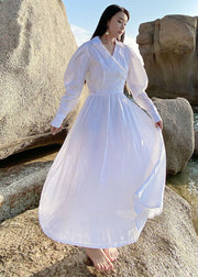Fine White Puff Sleeve Pockets Cotton Dress Spring