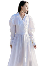Fine White Puff Sleeve Pockets Cotton Dress Spring