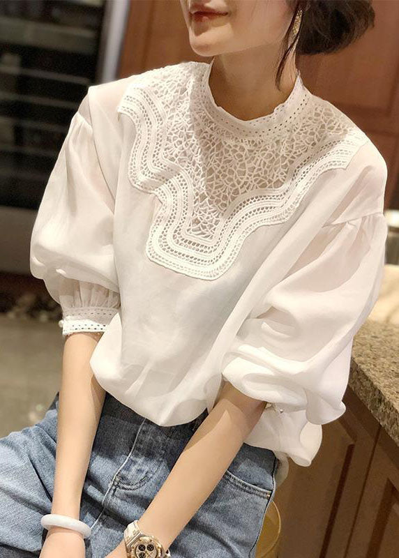 Fine White Stand Collar Patchwork Lace Chiffon Shirt Top Puff Sleeve