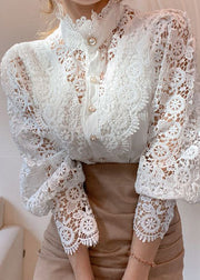Fine White Stand Collar Patchwork Lace Hollow Out Shirt Tops Spring