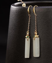 Fine White Sterling Silver Overgild Inlaid Jade Rectangular Drop Earrings