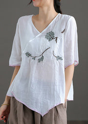 Fine White V Neck Embroidered Floral Linen Top Short Sleeve