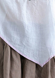 Fine White V Neck Embroidered Floral Linen Top Short Sleeve