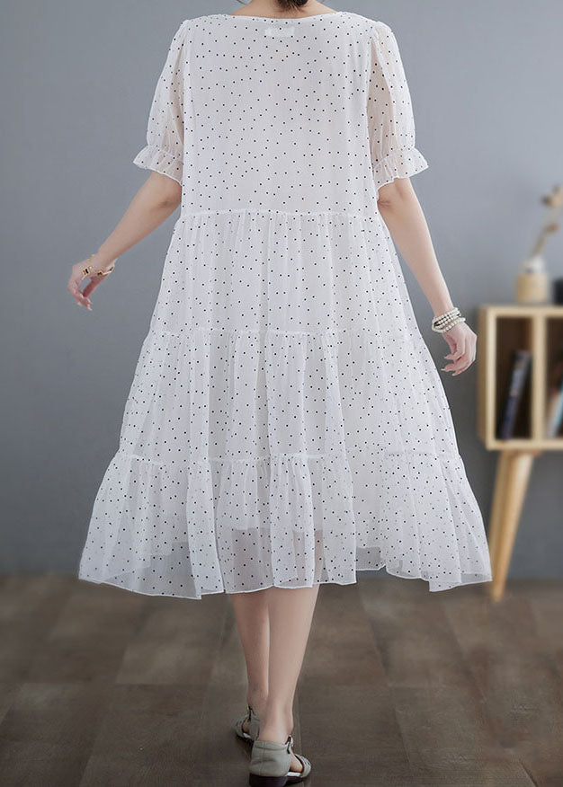 Fine White V Neck Wrinkled Dot Patchwork Chiffon Dresses Summer