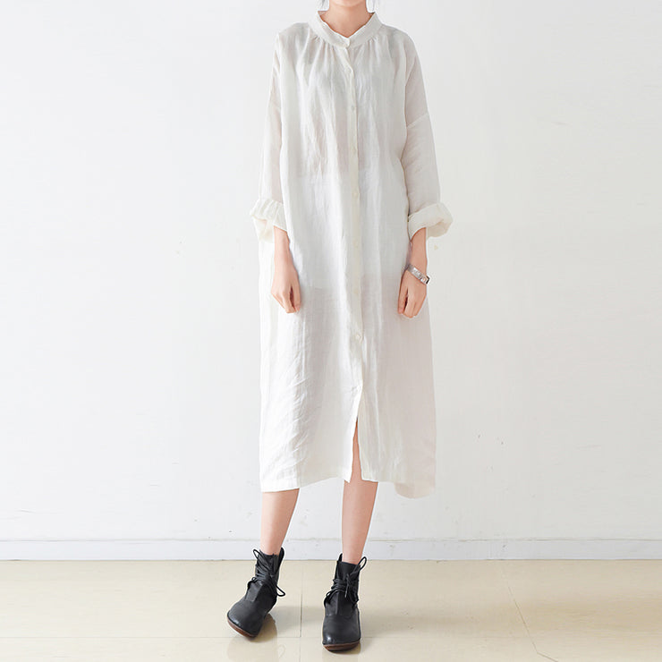 Feine weiße Leinenhemdkleider plus Größenfrauenkleid 2021 Herbst