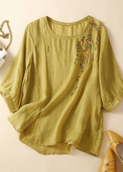 Fine Yellow Embroidered Patchwork Side Open Linen Tank Summer