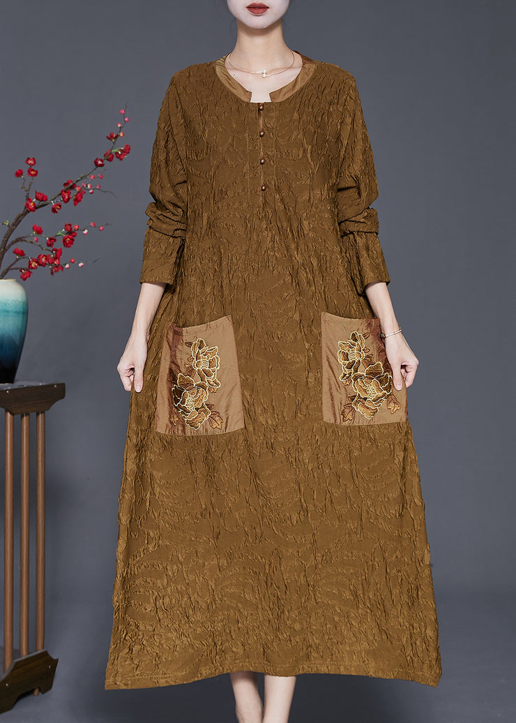 Fine Yellow Embroidered Wrinkled Silk Long Dress Fall