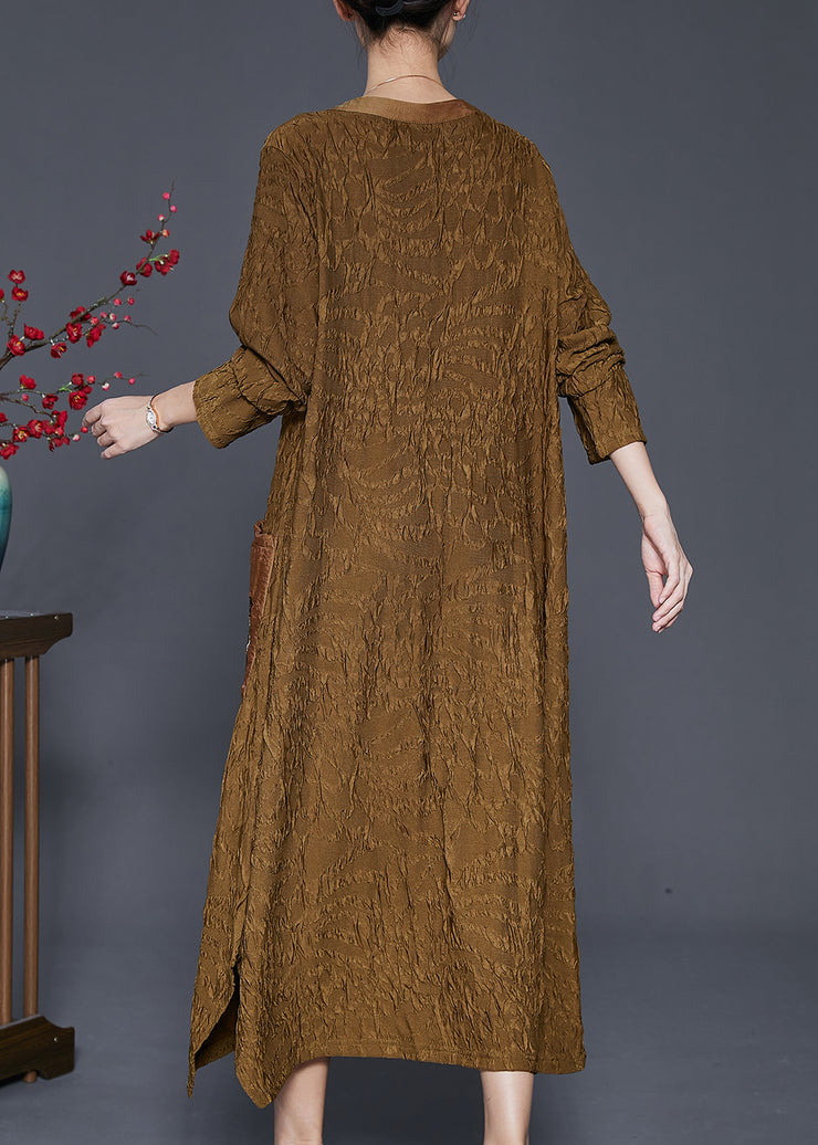 Fine Yellow Embroidered Wrinkled Silk Long Dress Fall