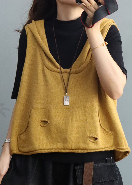 Fine Yellow Hooded Pockets Hole Knit Vest Spring