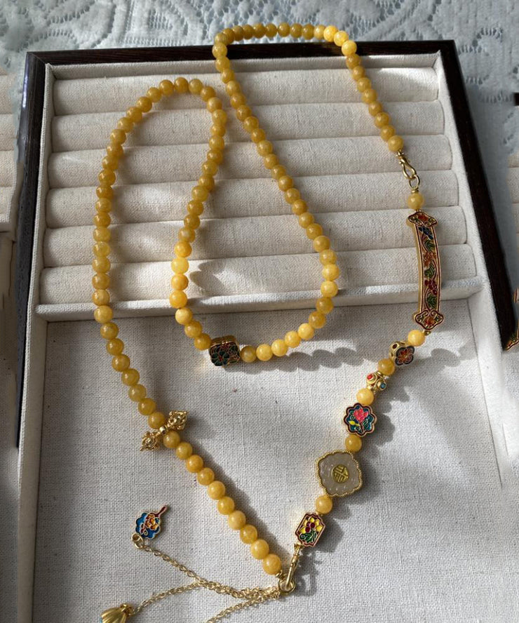 Fine Yellow Jade Beeswax Enamel Beading Tassel Pendant Necklace