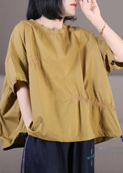 Feines, gelbes, faltiges, übergroßes, lockeres Sweatshirt aus Baumwolle mit O-Ausschnitt und kurzen Ärmeln