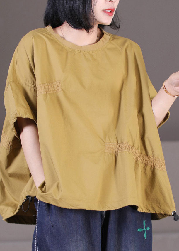 Feines, gelbes, faltiges, übergroßes, lockeres Sweatshirt aus Baumwolle mit O-Ausschnitt und kurzen Ärmeln
