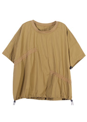 Fine Yellow O-Neck Wrinkled Oversized Cotton Loose Sweatshirts Top Short Sleeve