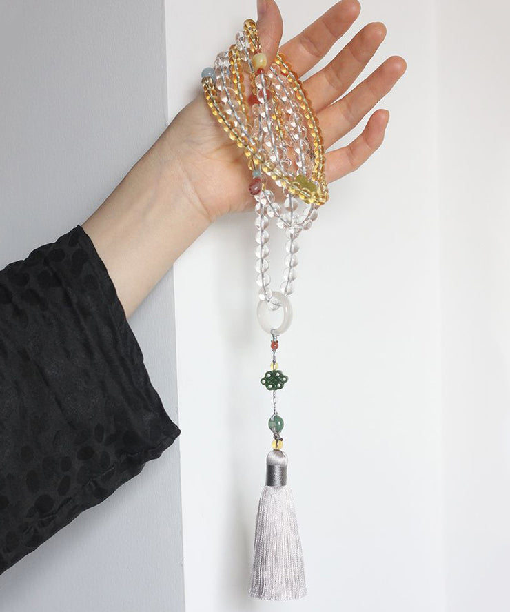 Fine Yellow Patchwork Hand Woven Crystal Beading Tassel Pendant Necklacee