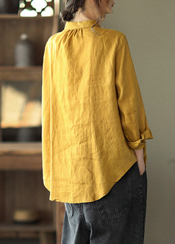 Fine Yellow Peter Pan Collar Button Linen Shirts Long Sleeve
