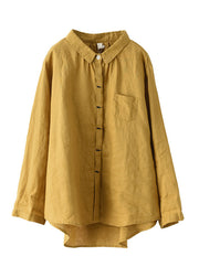 Fine Yellow Peter Pan Collar Button Linen Shirts Long Sleeve