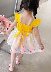 Fine Yellow Ruffled Embroidered Patchwork Cotton Baby Girls Dresses Summer