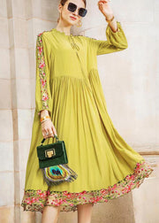 Fine Yellow Ruffled Embroidered Wrinkled Patchwork Chiffon Dress Fall