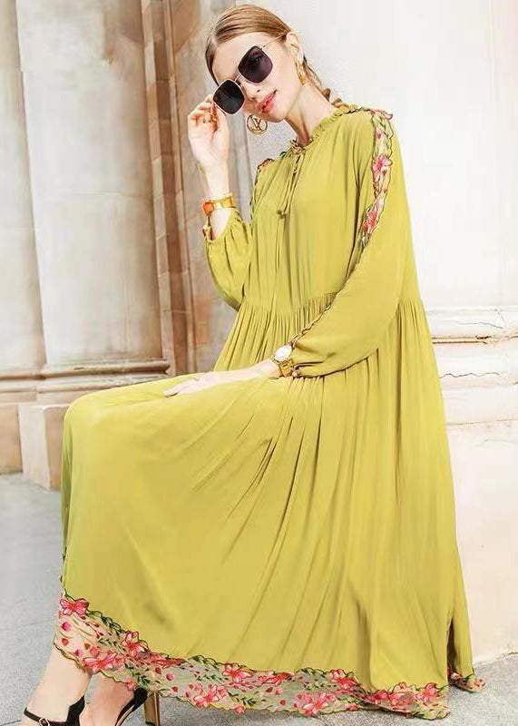 Fine Yellow Ruffled Embroidered Wrinkled Patchwork Chiffon Dress Fall
