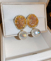 Fine Yellow Sterling Silver Crystal Zircon Pearl Oval Stud Earrings