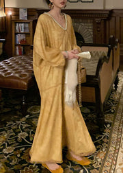 Fine Yellow V Neck Embroideried Sequins Sashes Maxi Dress Long Sleeve
