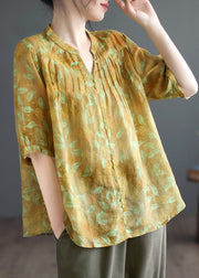 Fine Yellow V Neck Print Patchwork Wrinkled Button Ramie Top Short Sleeve