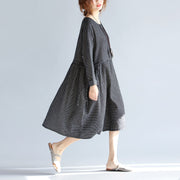 Feines schwarzes Midi-Baumwoll-Leinen-Kleid Locker sitzendes Leinen-Baumwoll-Kleid Vintage-Langarm-Tunika mit großem Saum und O-Ausschnitt aus natürlichem Baumwoll-Leinen-Kleid