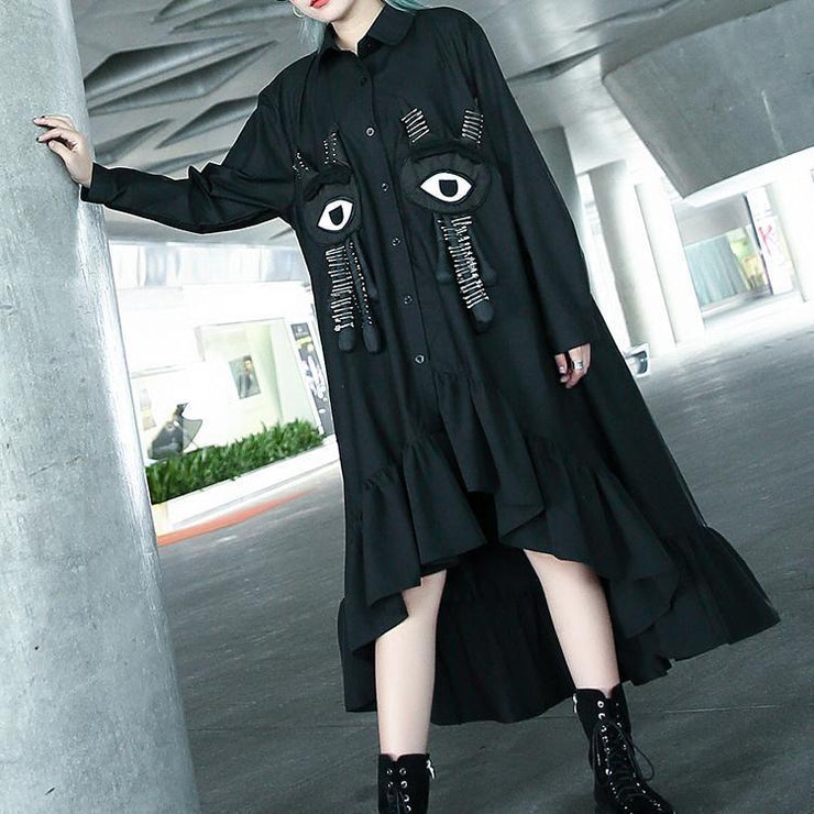 Fine black autumn shirt dress trendy plus size Turn-down Collar gown Fine asymmetrical design large hem shirt dress