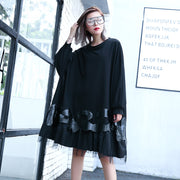 Feines schwarzes Kniekleid aus Baumwollmischung Locker sitzendes Patchwork Feines Tüllkleid aus Baumwollmischung