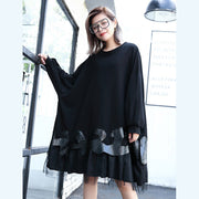 Fine black cotton blended knee dress Loose fitting patchwork Fine tulle baggy cotton blended clothing dress