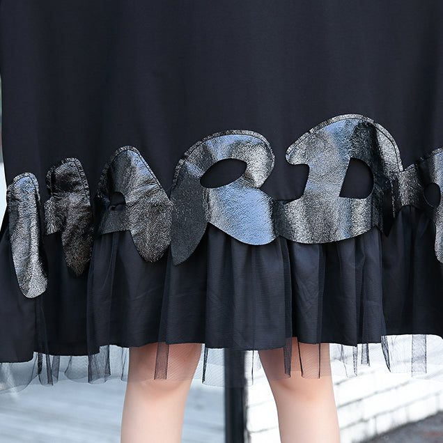 Feines schwarzes Kniekleid aus Baumwollmischung Locker sitzendes Patchwork Feines Tüllkleid aus Baumwollmischung