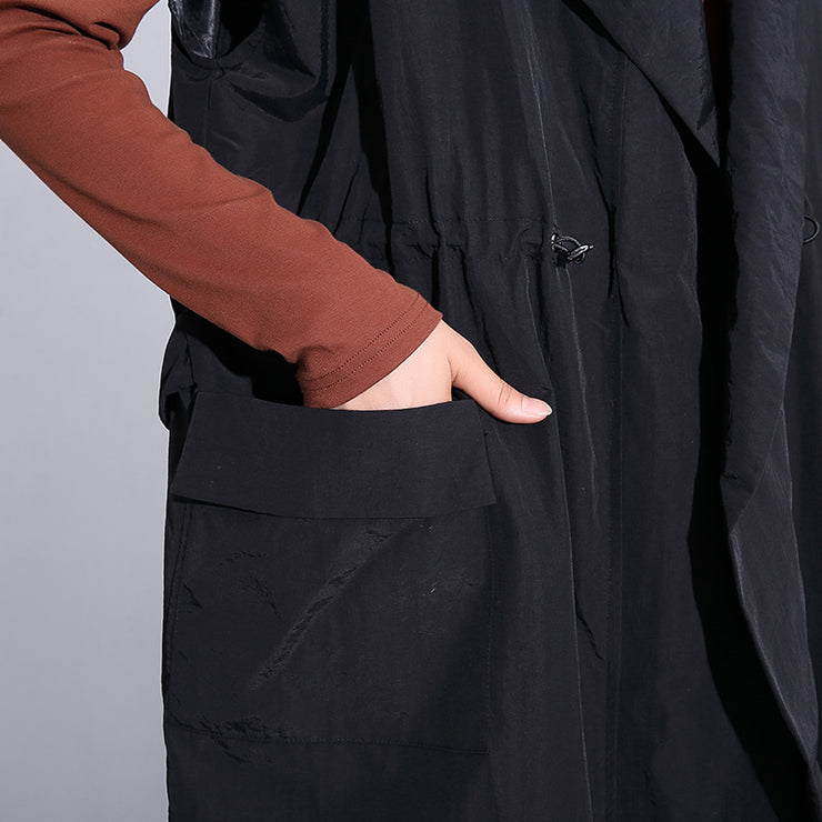 Feine schwarze Baumwollmischoberteile in Übergrößen mit Kapuze und Krawattenbund, Kleidungsoberteile Elegante ärmellose Mäntel