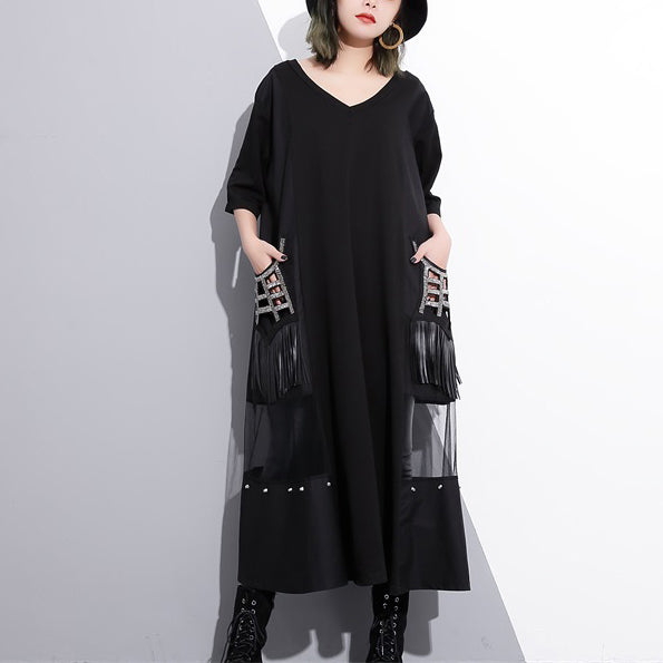 Fine black cotton maxi dress oversize v neck traveling dress Fine tassel pockets cotton caftans