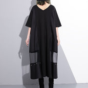 Fine black cotton maxi dress oversize v neck traveling dress Fine tassel pockets cotton caftans