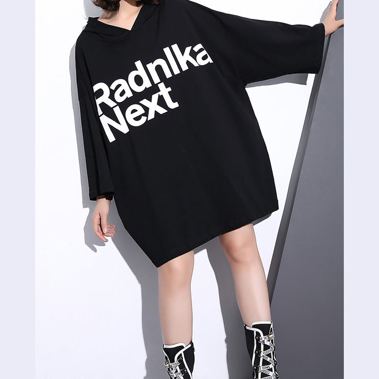 Fine black cotton tops plus size clothing hooded cotton t shirts casual back side open cotton blouses