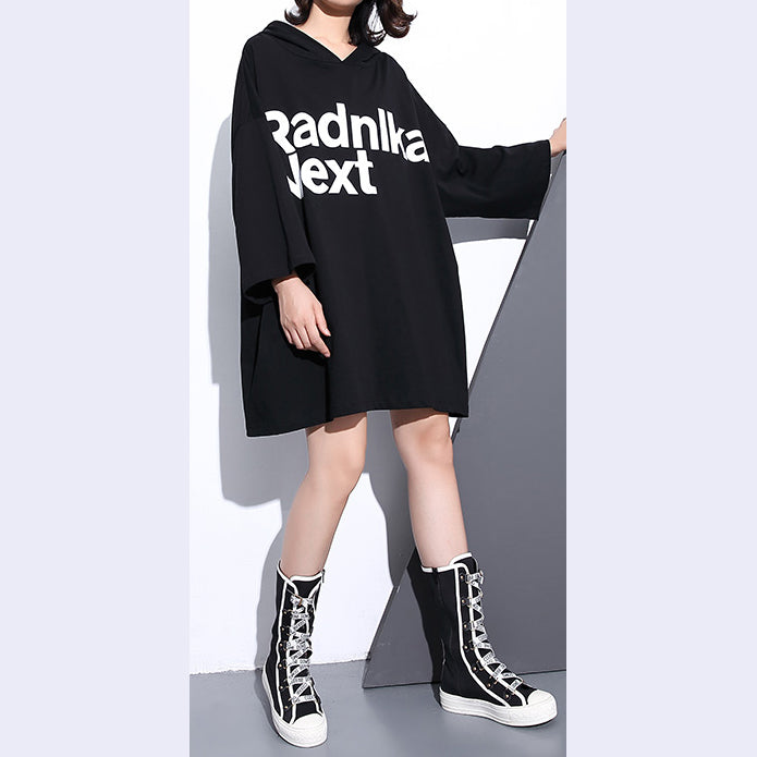 Fine black cotton tops plus size clothing hooded cotton t shirts casual back side open cotton blouses