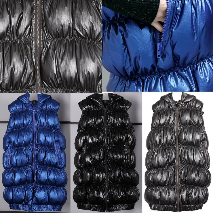 Feine schwarze Daunenjacke in Übergröße mit Kapuze und Reißverschluss Puffers Jackets Warme ärmellose Tunika